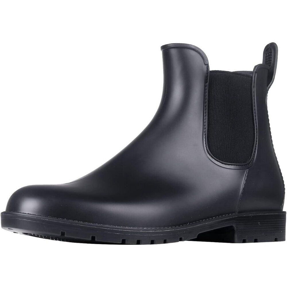 Women's Black Pointed Toe Waterproof Chelsea Double Elastic Ankle Rain Boots